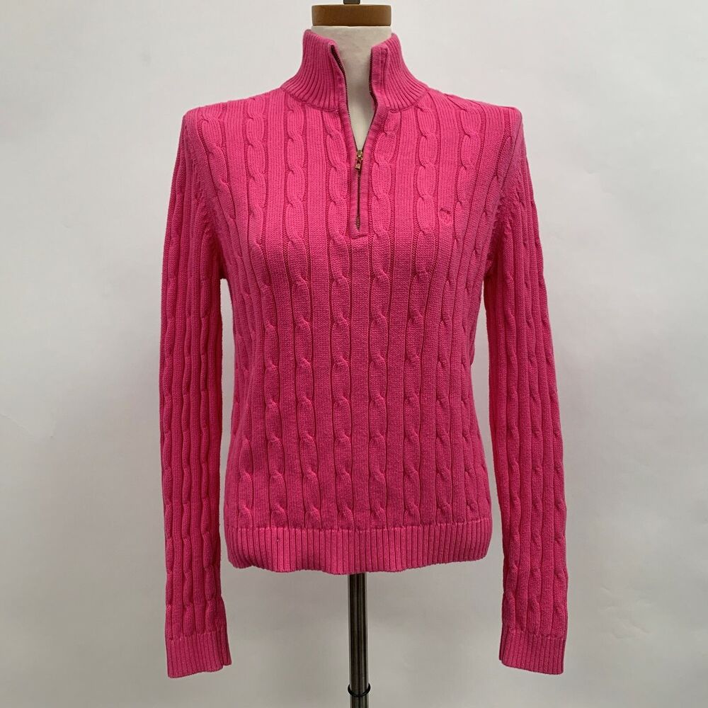 Chaps Women's Sweater Large Pink Cable 1/4 Zip‎ Long Sleeve